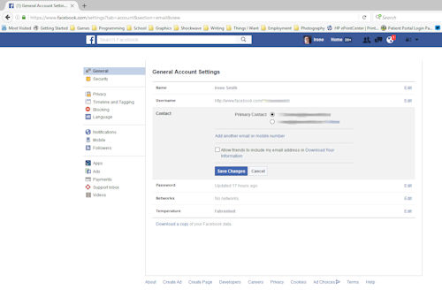An image of the general settings tab of Facebook showing how to see what email accounts it has associate with it.