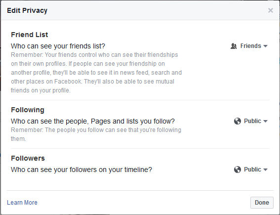 An image of the security settings for Facebook Friends.