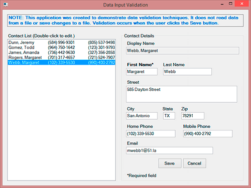 A screenshot of the Data Validation Example.